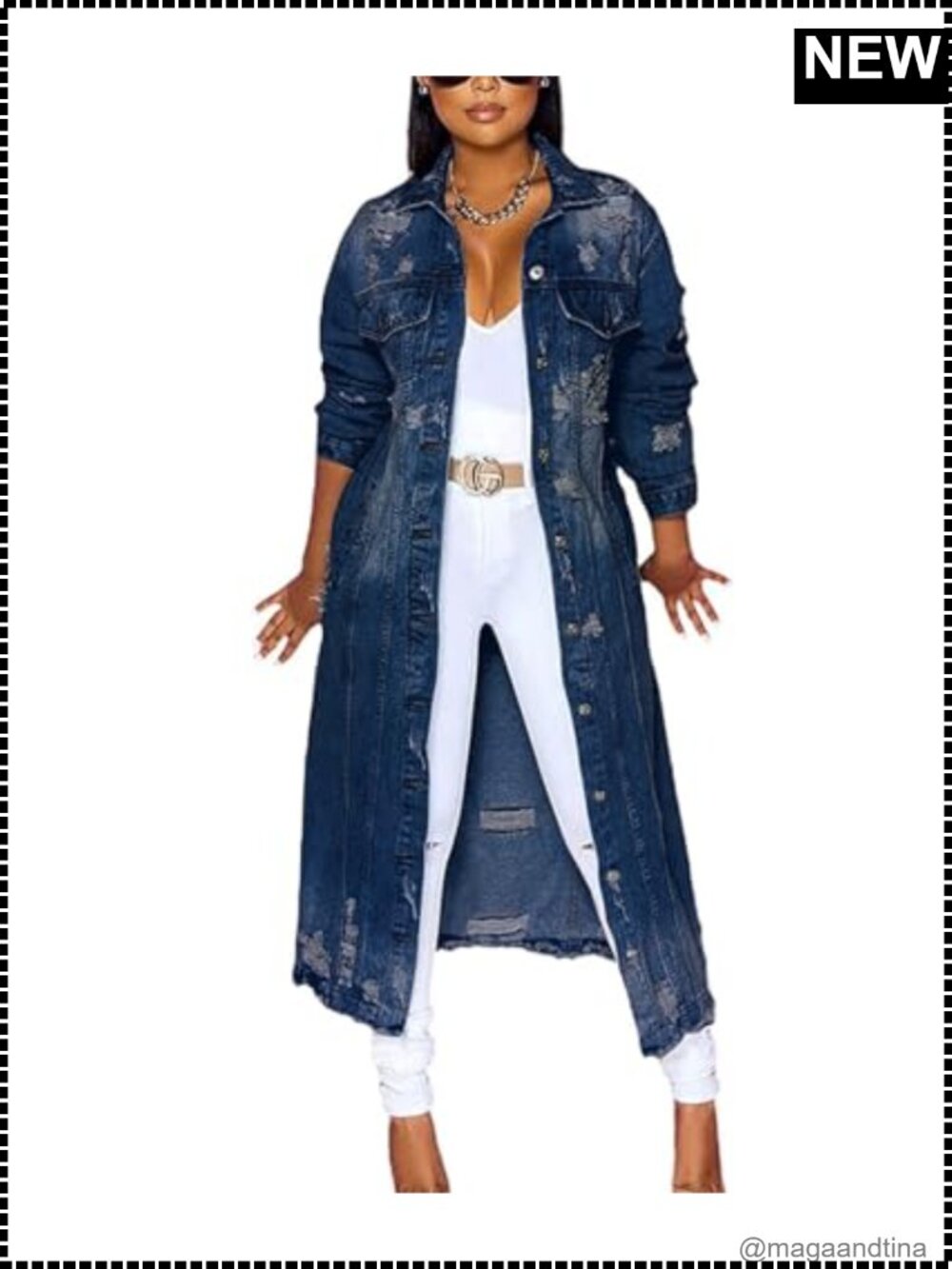 Cotton Distressed Ripped Denim Trench Coat Casual Slim Button Down Long Jean